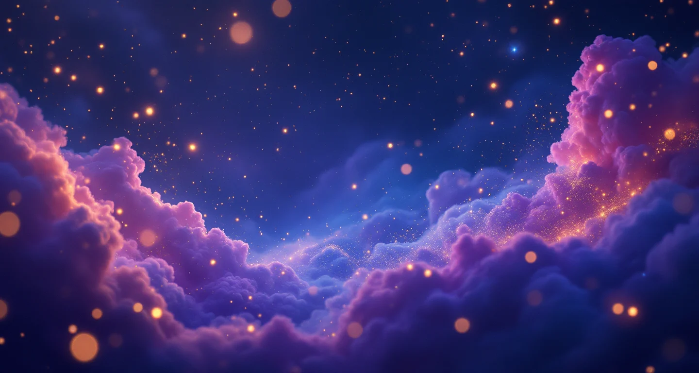 Rüyada Diş Dökülmesi Görmek sembolünü temsil eden, mor-magenta bulutsu ve altın yıldızlardan oluşan atmosferik rüya sahnesi.