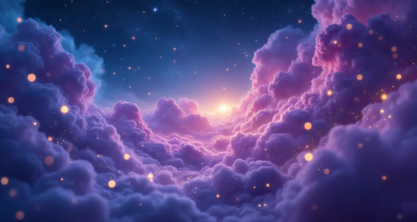 Escena onírica atmosférica con nebulosa morada-magenta y estrellas doradas, que representa el símbolo de la caída de los dientes en sueños según İhya.