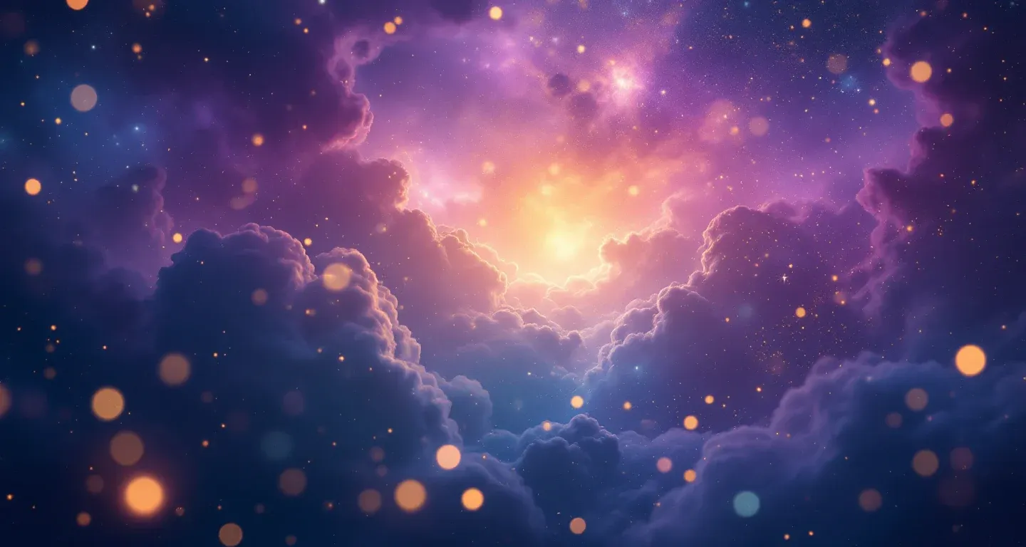Escena onírica atmosférica, con una nebulosa morado-magenta y estrellas doradas, que representa el símbolo de ver la caída de los dientes en sueños.