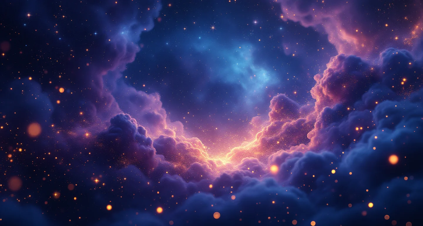 Rüyada Doğum Yaptığını Görmek sembolünü temsil eden, mor-magenta bulutsu ve altın yıldızlardan oluşan atmosferik rüya sahnesi.