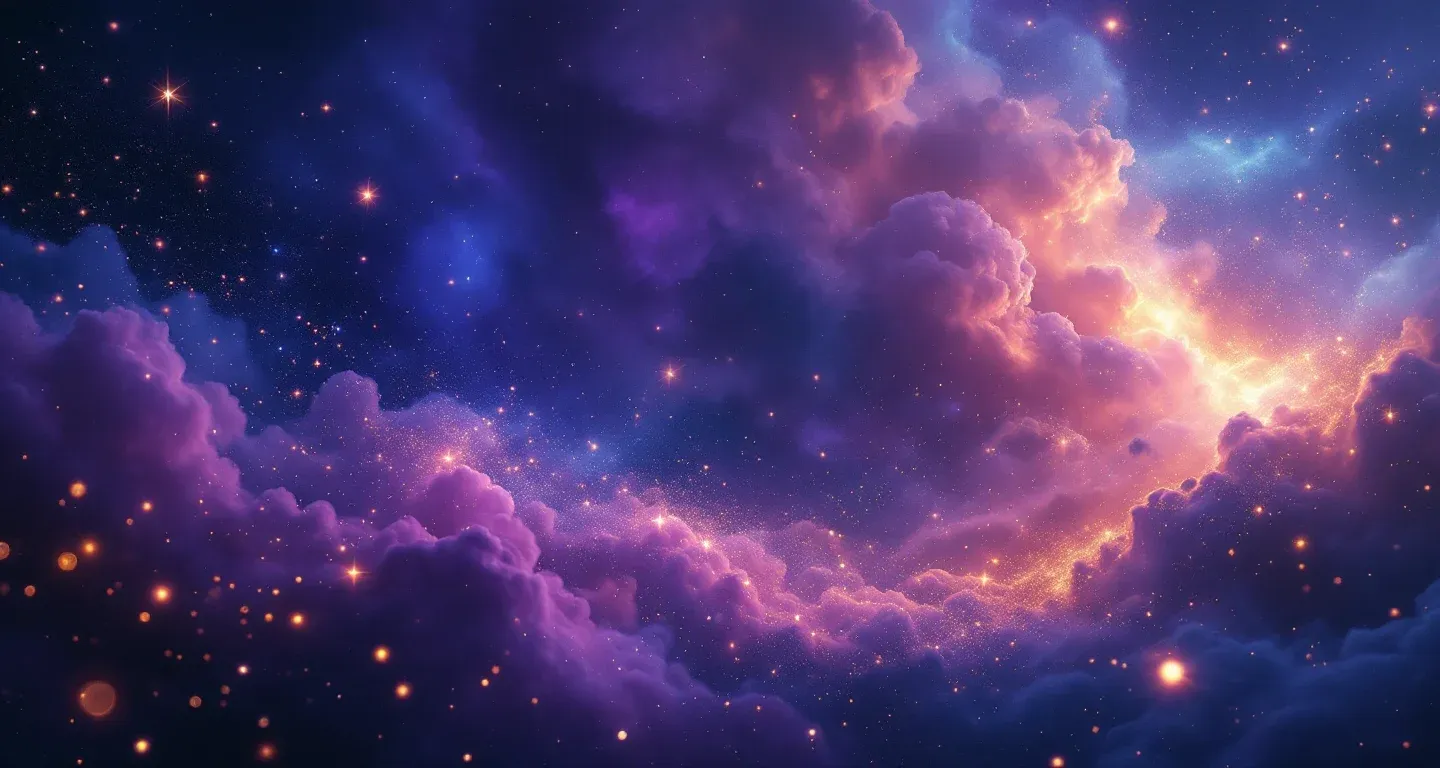 Escena onírica atmosférica con una nebulosa morado-magenta y estrellas doradas, que representa el símbolo de ver a un médico en sueños.