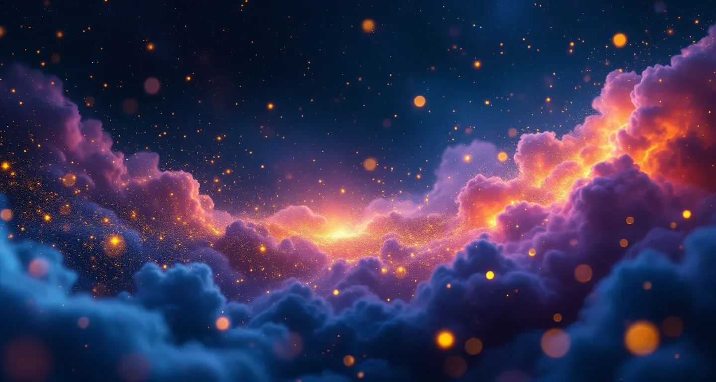 Rüyada Domates Görmek sembolünü temsil eden, mor-magenta bulutsu ve altın yıldızlardan oluşan atmosferik rüya sahnesi.