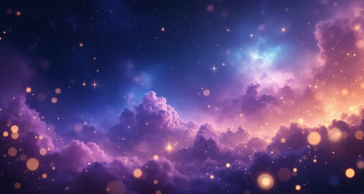 Escena onírica atmosférica con neblina morado-magenta y estrellas doradas que representa el símbolo de comer helado en sueños.