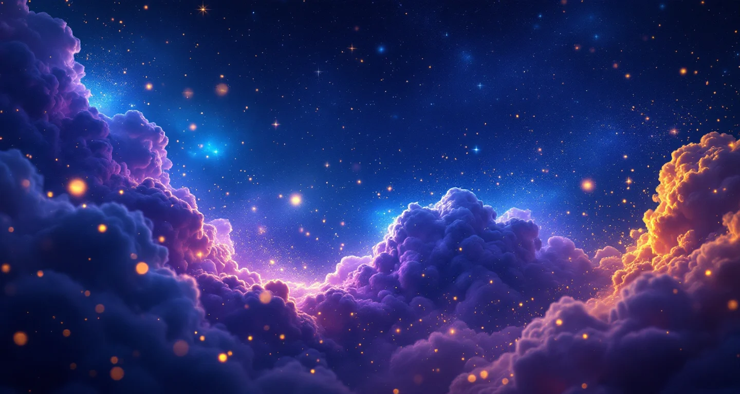 Ruyada Dugune Gitmek sembolünü temsil eden, mor-magenta bulutsu ve altın yıldızlardan oluşan atmosferik rüya sahnesi.