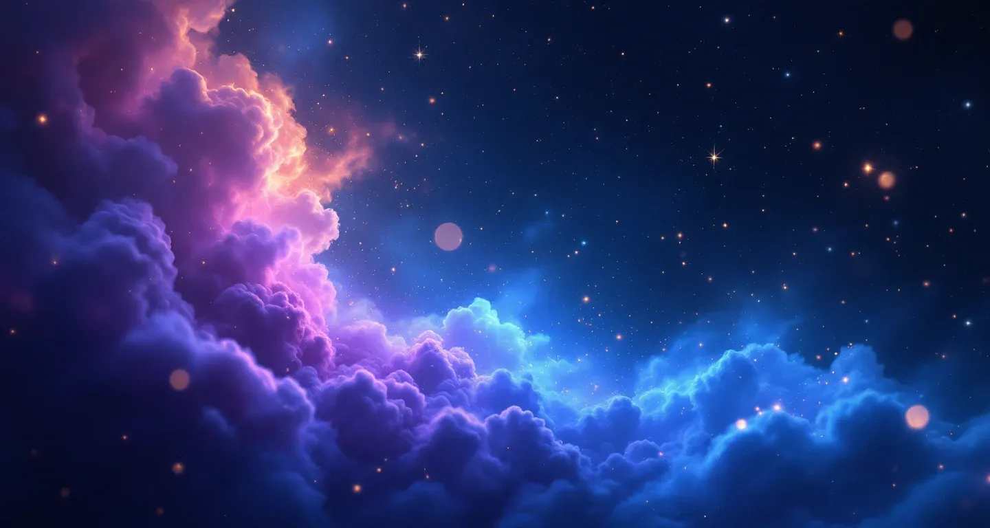 Escena onírica atmosférica con una nebulosa morado-magenta y estrellas doradas, que representa el símbolo de Soñar con Comprar Pan.