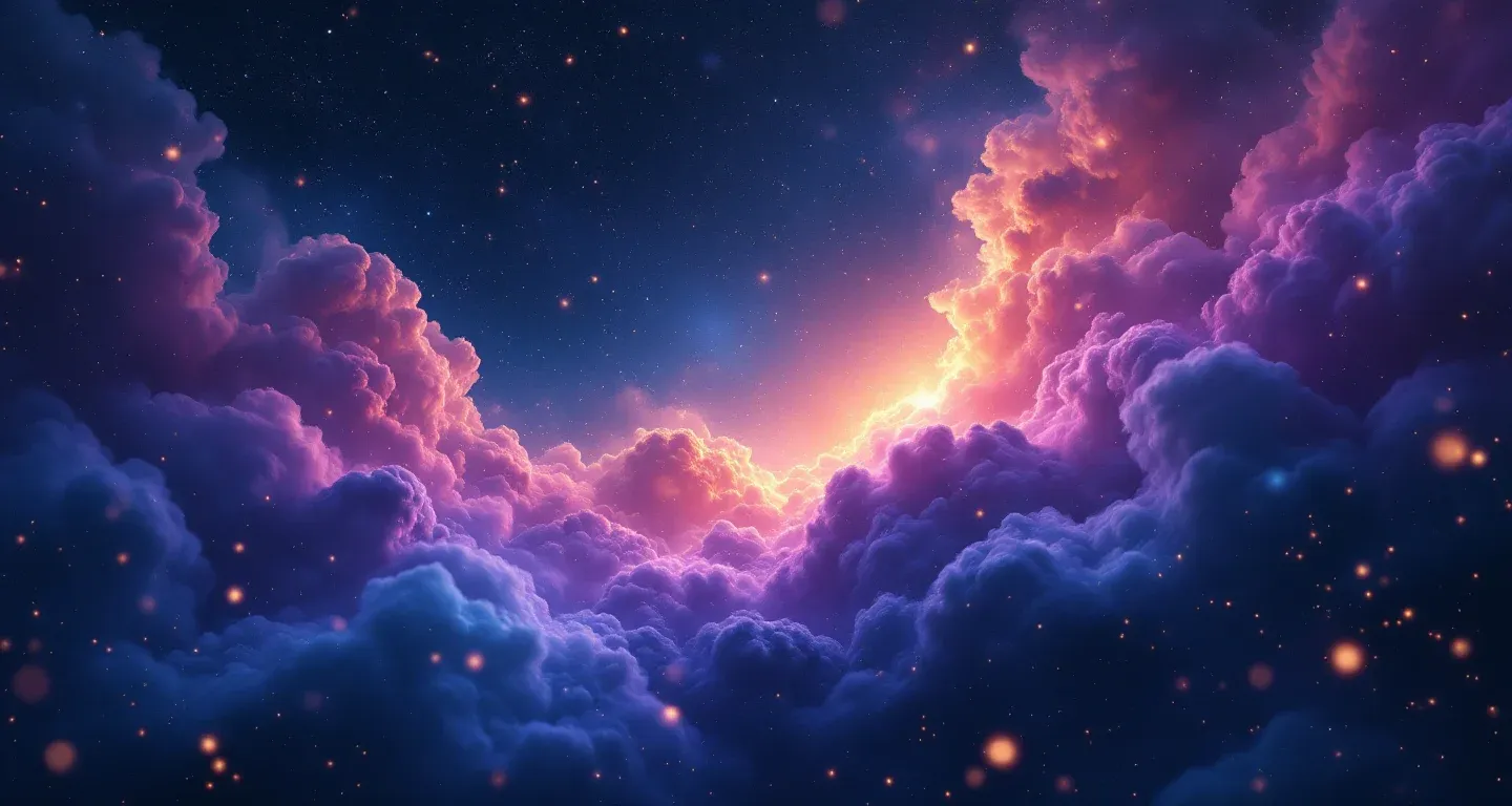 Escena onírica atmosférica con una nebulosa morada-magenta y estrellas doradas que representa el símbolo de comer pan en sueños.