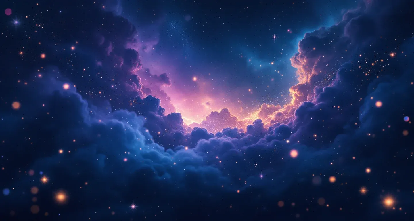 Cena onírica atmosférica com nebulosa em tons de roxo e magenta, estrelas douradas, representando o símbolo de sonhar com a mão cortada, mas sem sangrar.