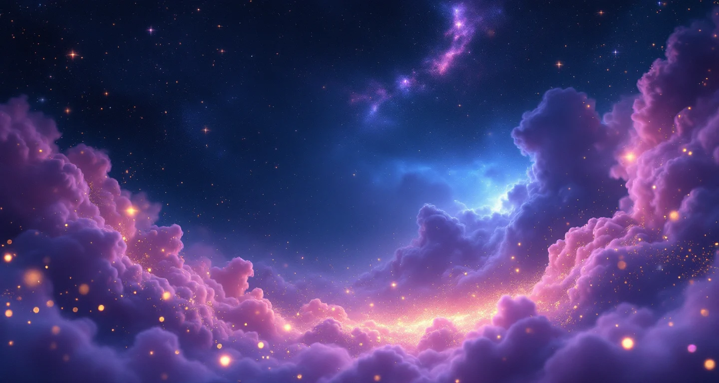 Rüyada Elma Görmek sembolünü temsil eden, mor-magenta bulutsu ve altın yıldızlardan oluşan atmosferik rüya sahnesi.