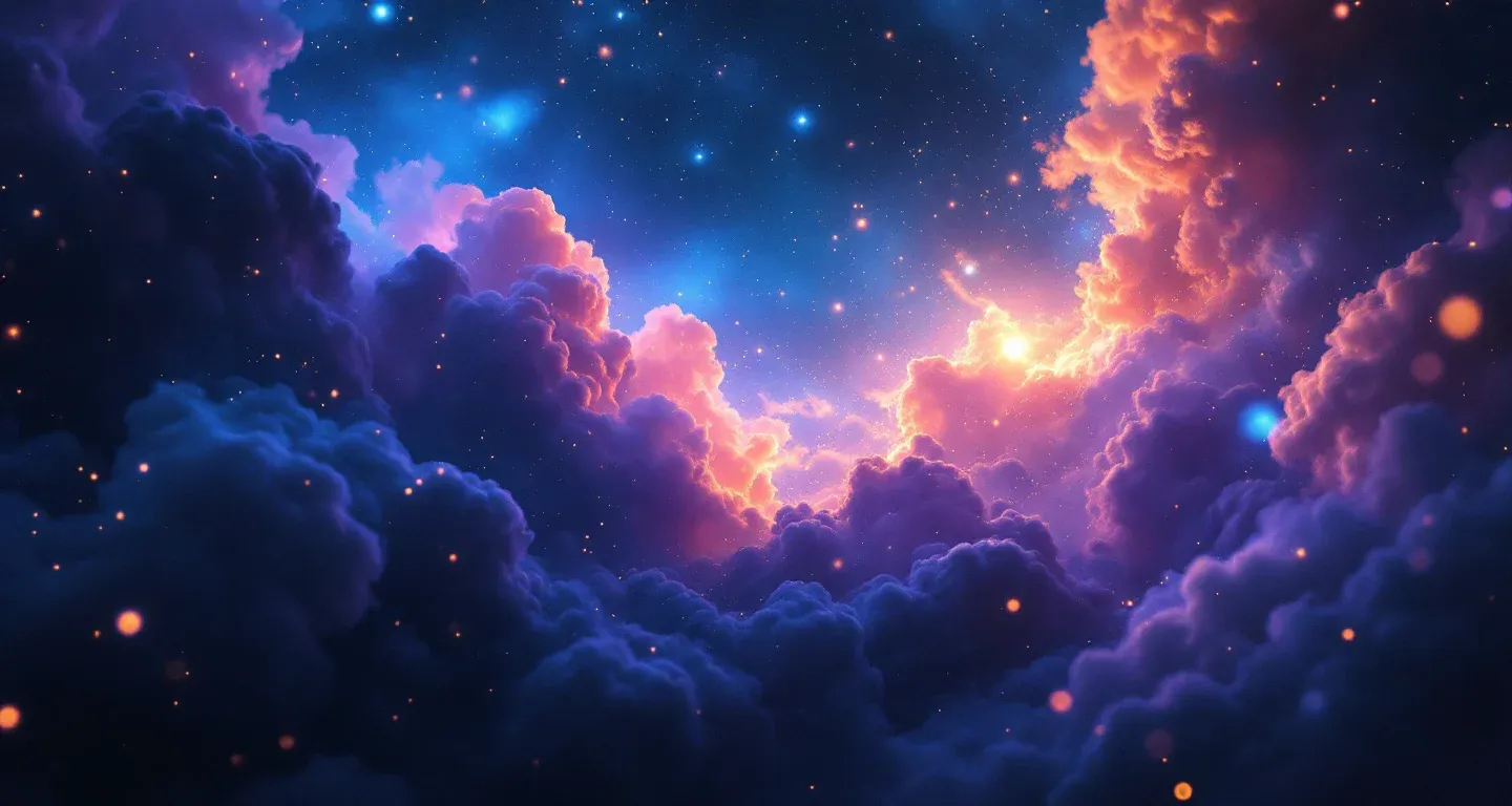 Escena onírica atmosférica con nebulosa morado-magenta y estrellas doradas, que representa el símbolo de verse comiendo una manzana en sueños.
