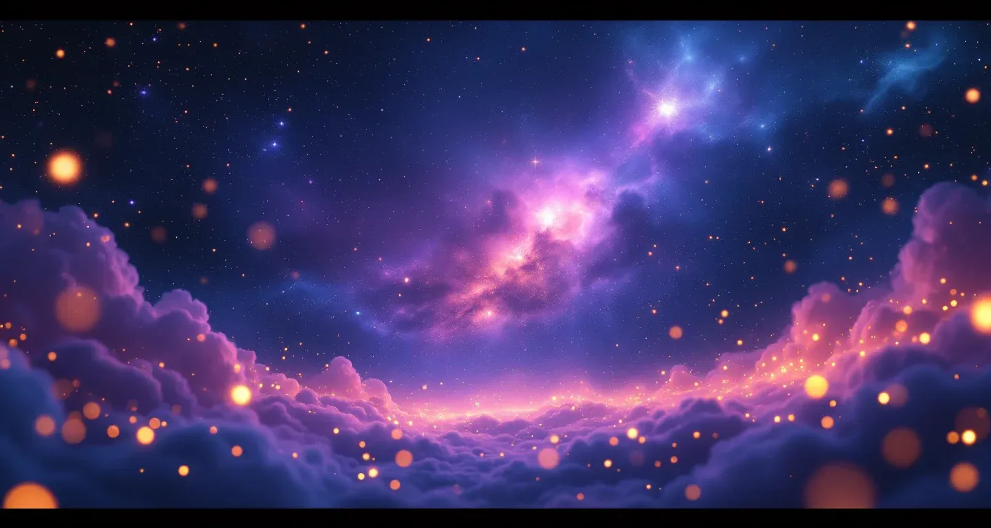 Cena de sonho atmosférica com névoas roxas e magenta e estrelas douradas, representando o símbolo de ver a esposa do cunhado grávida em sonho.