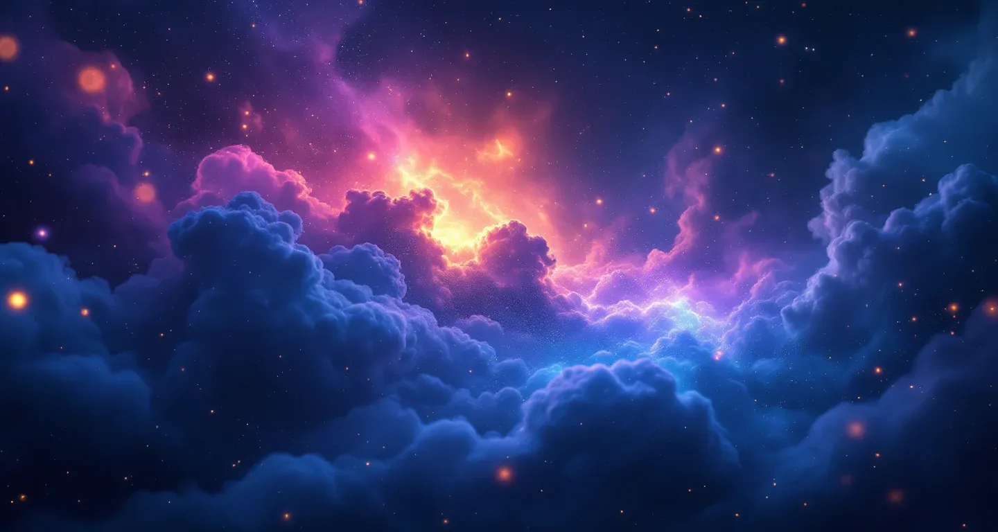 男の下半身が露わに見える夢の象徴を表す、紫とマゼンタの星雲と金色の星が漂う幻想的な夢の情景。