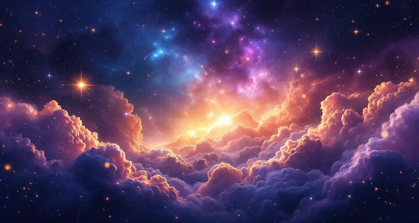 Escena onírica atmosférica con nebulosas morado-magenta y estrellas doradas que representa el símbolo de un hombre vestido con ropa de mujer.