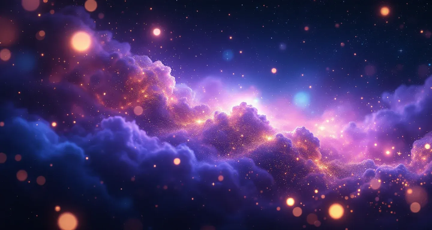 Rüyada Erkek Bebek Görmek sembolünü temsil eden, mor-magenta bulutsu ve altın yıldızlardan oluşan atmosferik rüya sahnesi.
