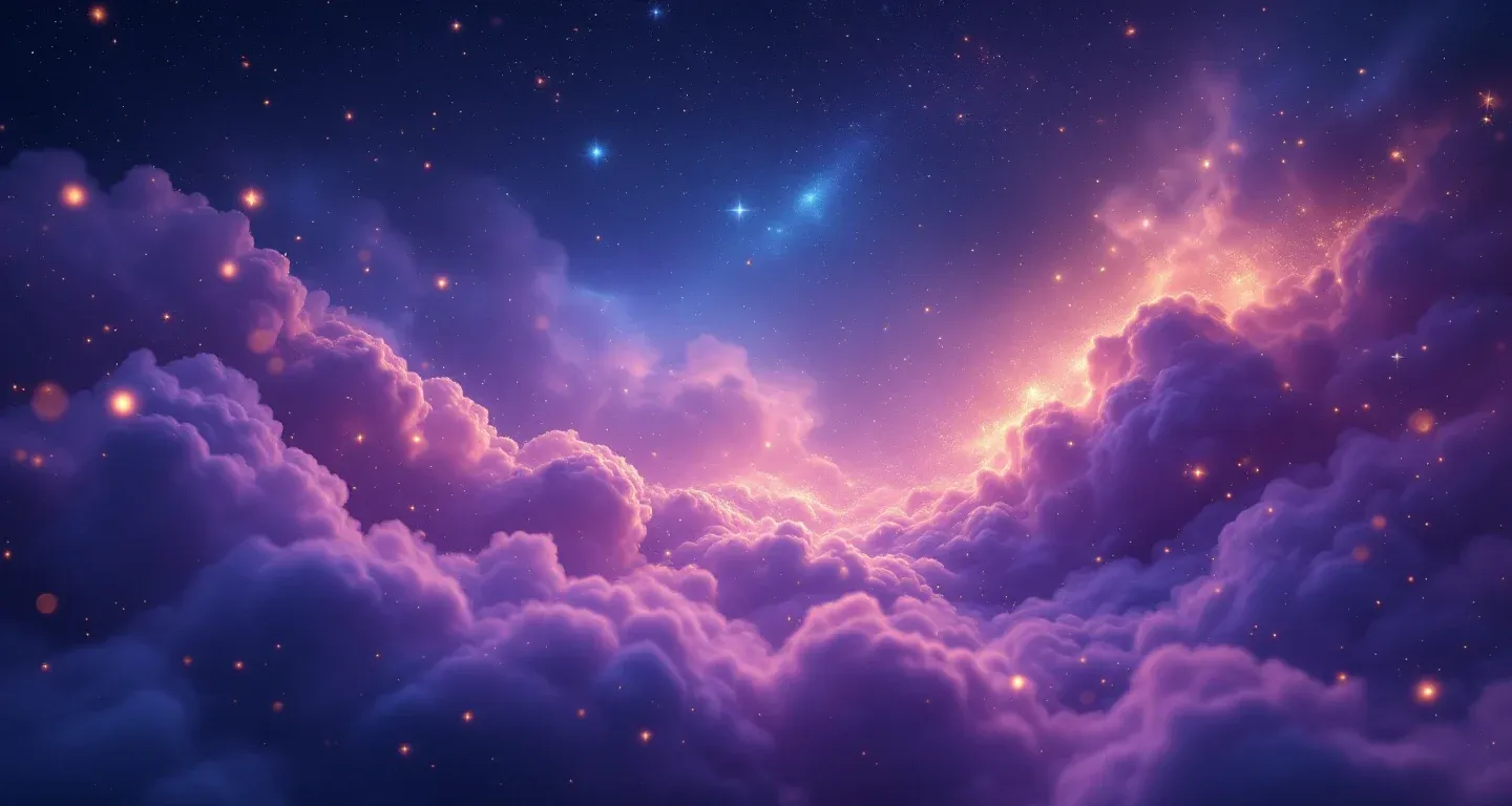 代表梦见男孩小便这一象征的氛围感梦境画面，由紫红色星云与金色星点构成。