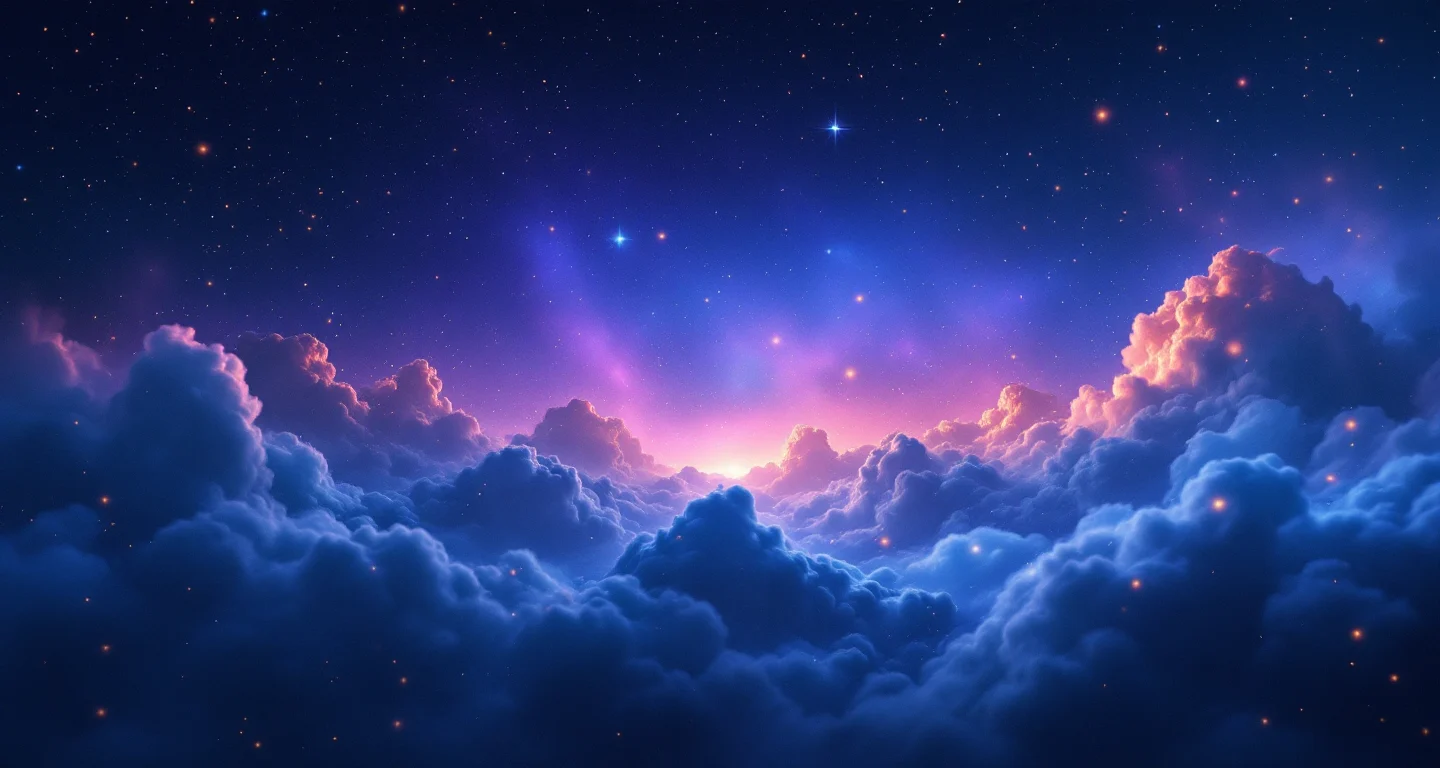 Rüyada Erkek Çocuğunun Kaka Yaptığını Görmek sembolünü temsil eden, mor-magenta bulutsu ve altın yıldızlardan oluşan atmosferik rüya sahnesi.