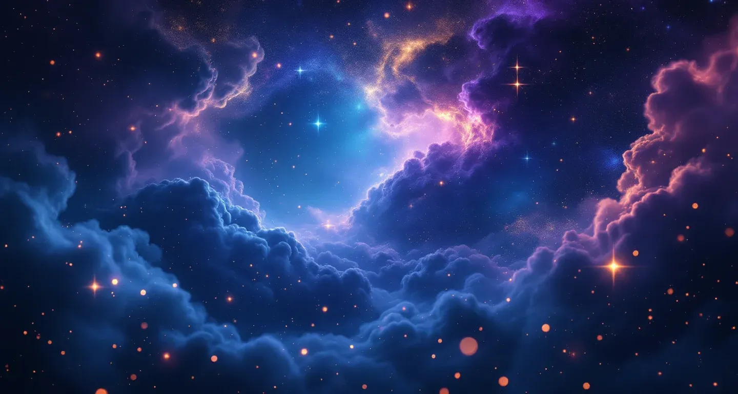Escena onírica atmosférica con nebulosas morado-magenta y estrellas doradas, representando el símbolo de soñar con un nieto varón según Diyanet.