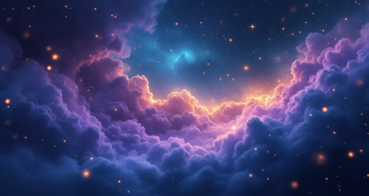 Escena onírica atmosférica con nubes moradas y magenta y estrellas doradas, que representa el símbolo de ver un burro en sueños.