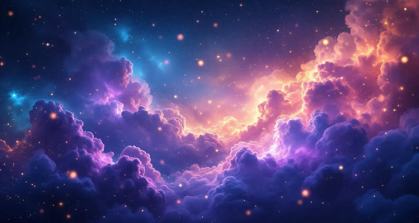 Escena onírica atmosférica con neblina morado-magenta y estrellas doradas que representa el símbolo de soñar con tu esposo.