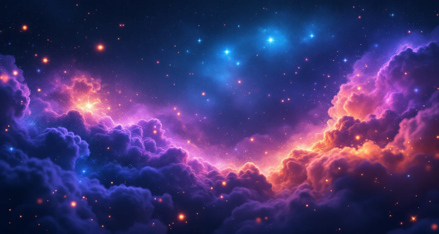 Rüyada Eşinin Başka Erkekle İlişkiye Girdiğini Görmek Diyanet sembolünü temsil eden, mor-magenta bulutsu ve altın yıldızlardan oluşan atmosferik rüya sahnesi.