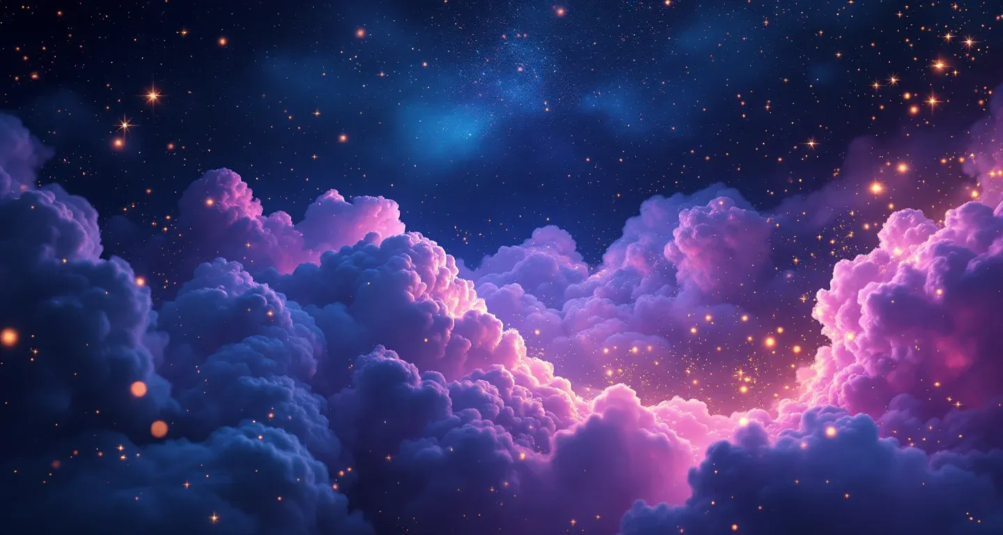 Escena onírica atmosférica con nebulosas morado-magenta y estrellas doradas que representa el símbolo de ver a tu pareja acercarse a otra persona.