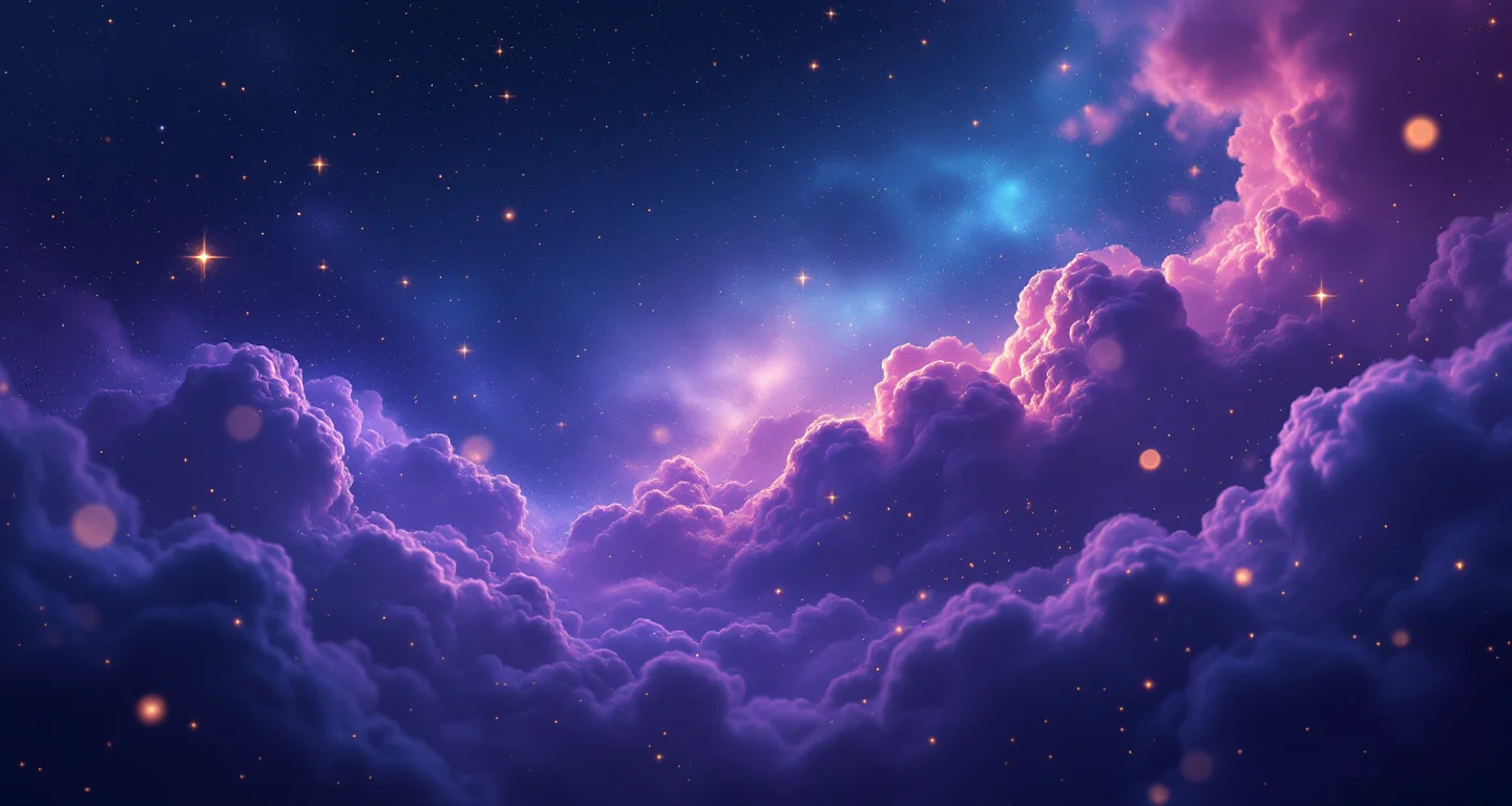 Rüyada Eşinin Boşaldığını Görmek İhya sembolünü temsil eden, mor-magenta bulutsu ve altın yıldızlardan oluşan atmosferik rüya sahnesi.