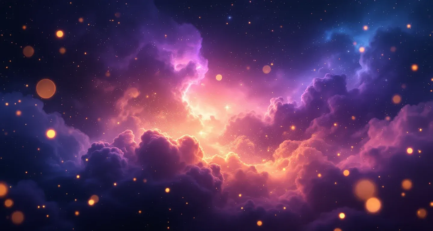 Escena onírica atmosférica con nebulosa púrpura-magenta y estrellas doradas, representando el símbolo de ver a la ex esposa de tu pareja en un sueño.
