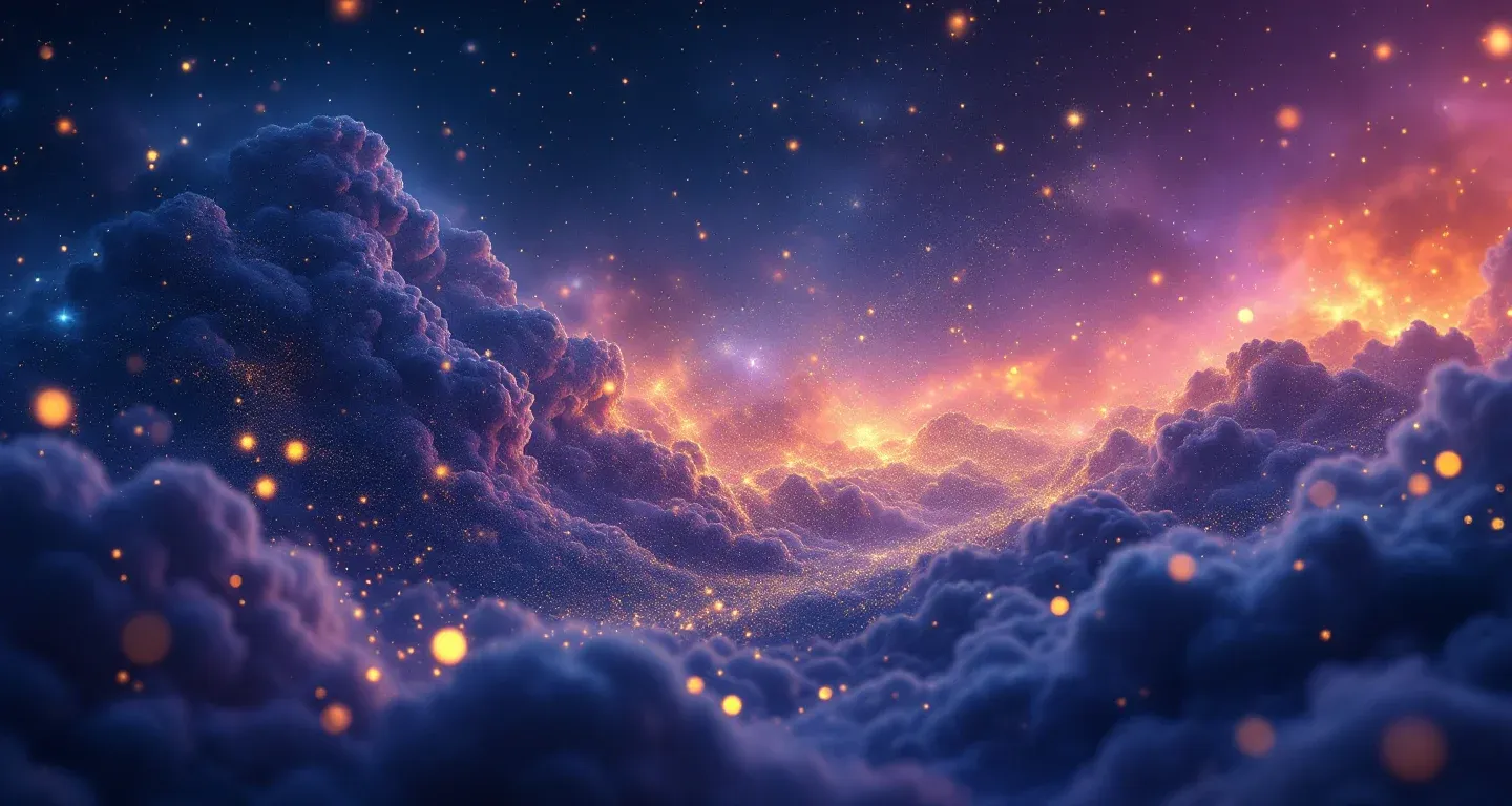 Escena onírica atmosférica con nebulosas moradas y magenta y estrellas doradas, que representa el símbolo de Soñar con la celosía de tu esposo.