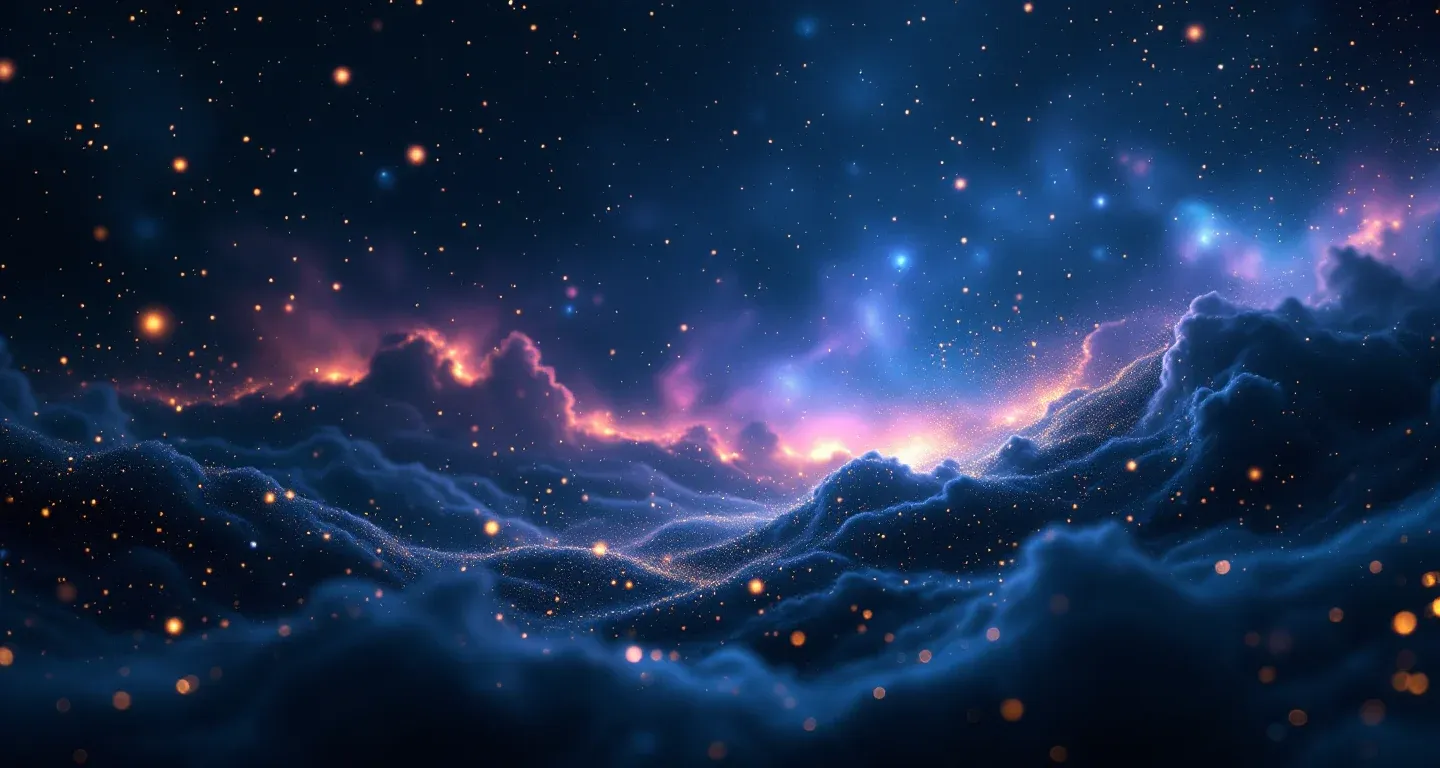 Escena onírica atmosférica con una nebulosa morada-magenta y estrellas doradas que representan el símbolo de soñar con un antiguo compañero de trabajo.