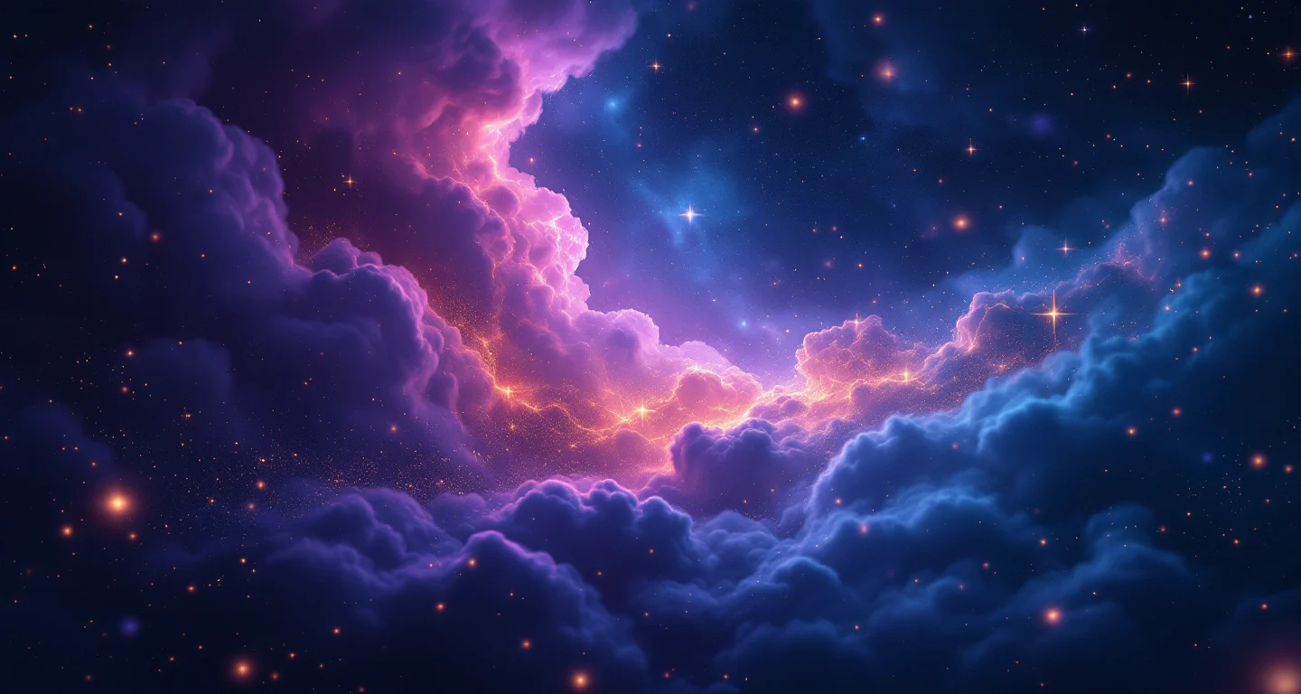 Ruyada Eski Is Arkadaslarini Gormek sembolünü temsil eden, mor-magenta bulutsu ve altın yıldızlardan oluşan atmosferik rüya sahnesi.