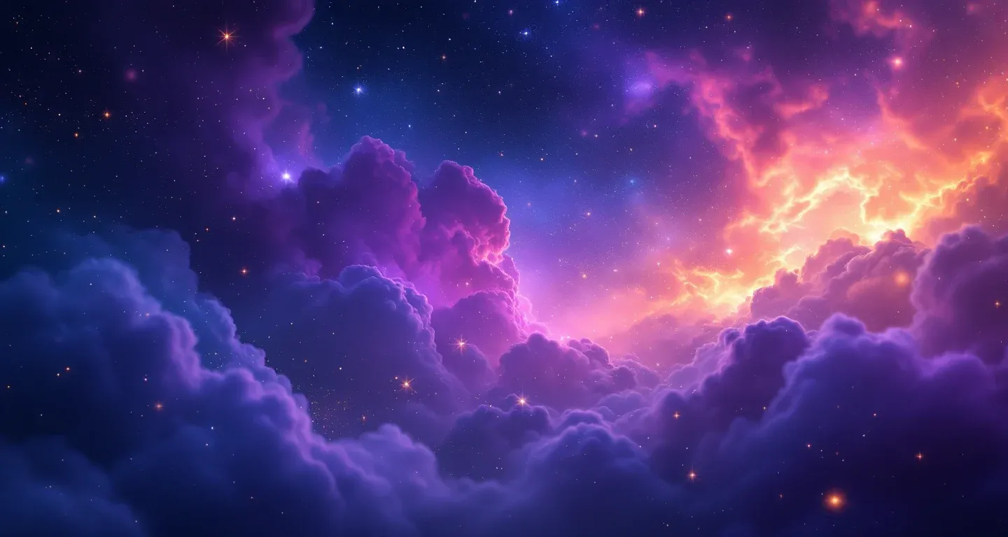 Escena onírica atmosférica con nebulosa morada y magenta, estrellas doradas y un ambiente simbólico que representa la vuelta de tu ex.