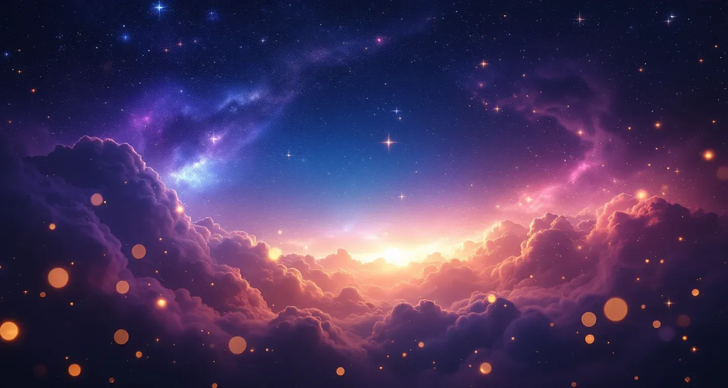Escena onírica atmosférica con nebulosas moradas y magenta y estrellas doradas, que representa el símbolo de soñar con comprar una casa.