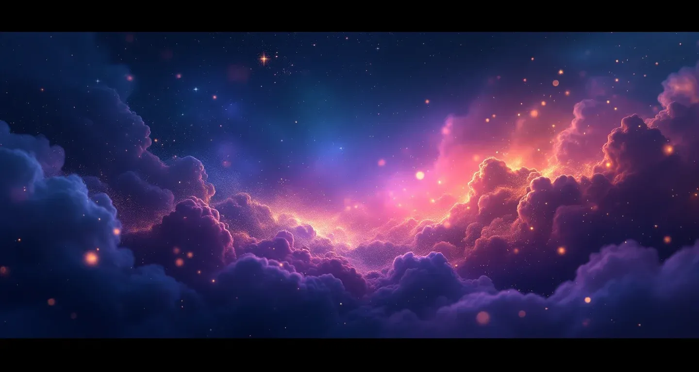Escena onírica atmosférica con una nebulosa morada-magenta y estrellas doradas, que representa el símbolo de soñar con que sale un perro de casa.