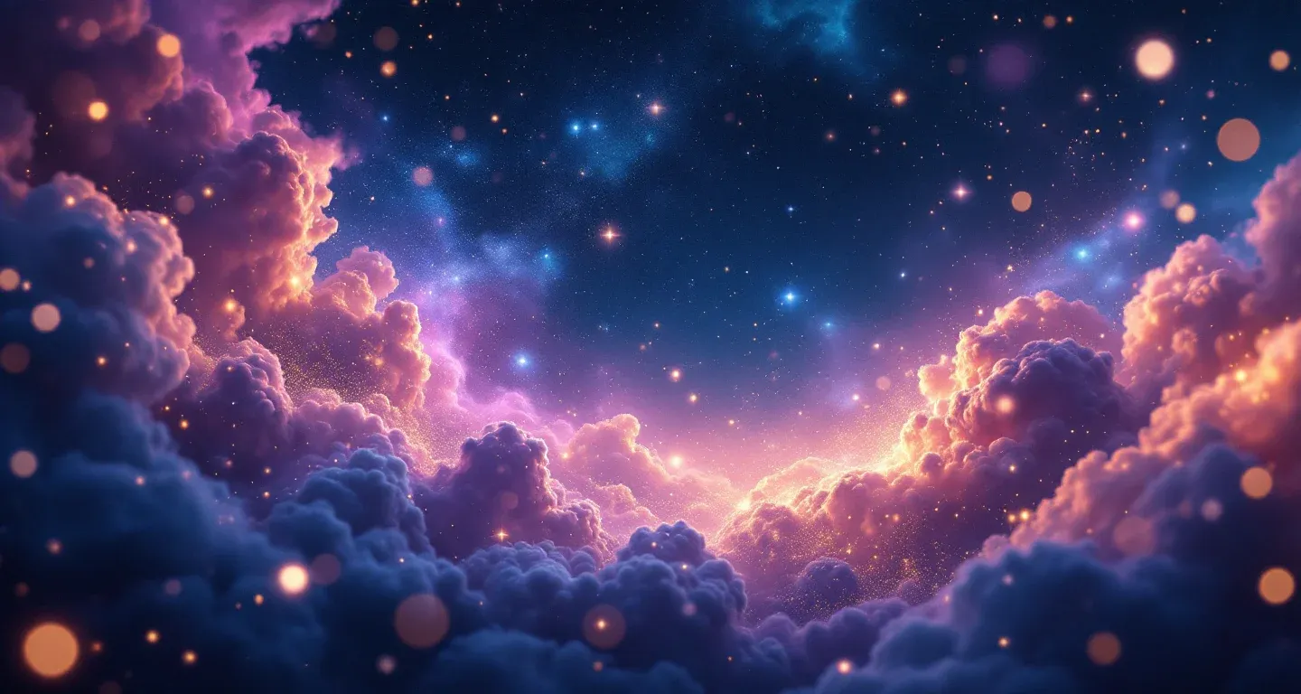 Escena onírica atmosférica con una nebulosa morado-magenta y estrellas doradas que representa el símbolo de un gato entrando en casa.
