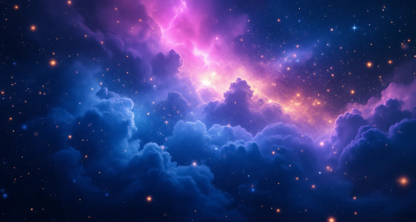 Rüyada Ezan Sesi Duymak sembolünü temsil eden, mor-magenta bulutsu ve altın yıldızlardan oluşan atmosferik rüya sahnesi.