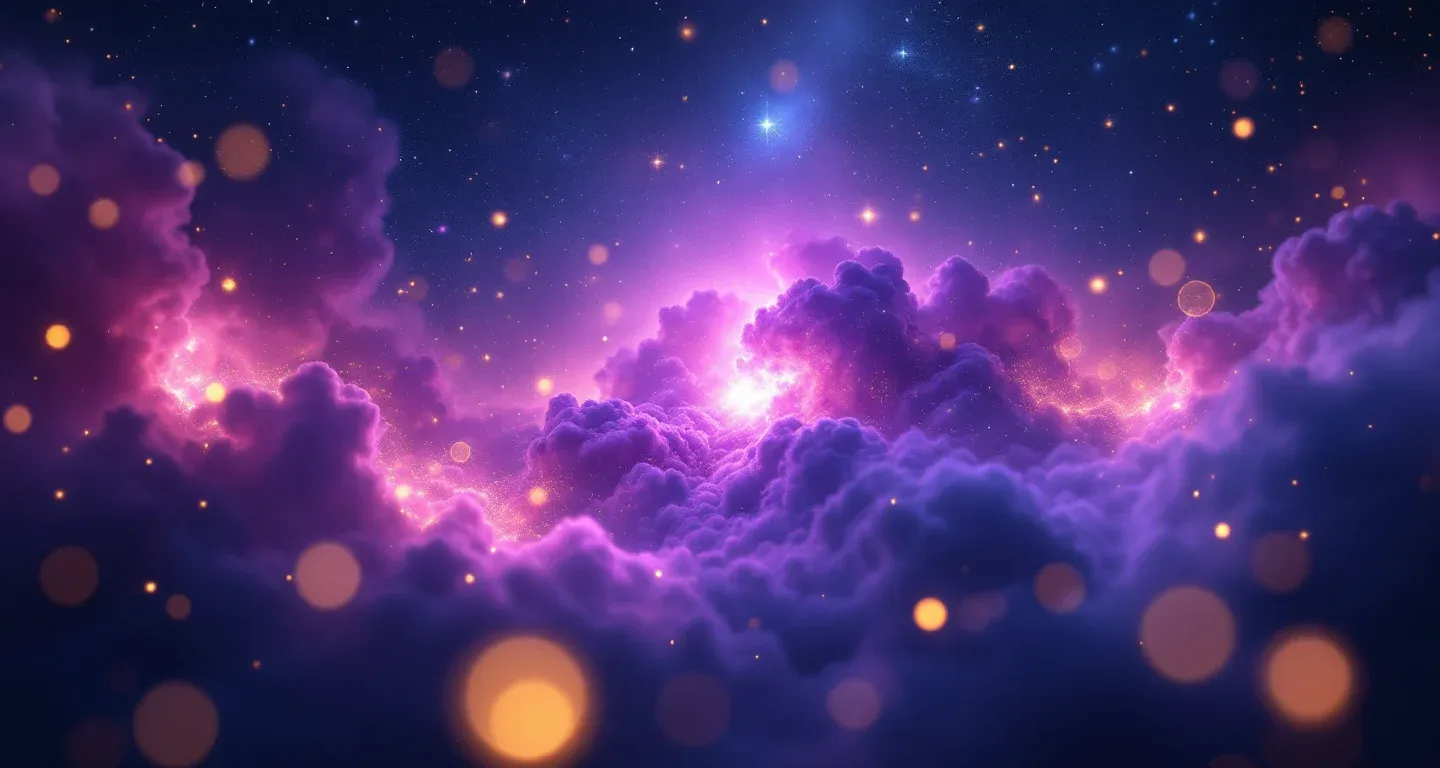 Atmosphärische Traumszene mit purpur-magenta Nebeln und goldenen Sternen, die das Symbol „Was bedeutet es, wenn man im Traum eine Maus sieht?“ darstellt.