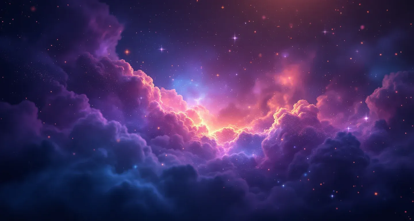 Cena de sonho atmosférica com névoa roxa e magenta, estrelas douradas e a simbologia de ver rato e gato no sonho.