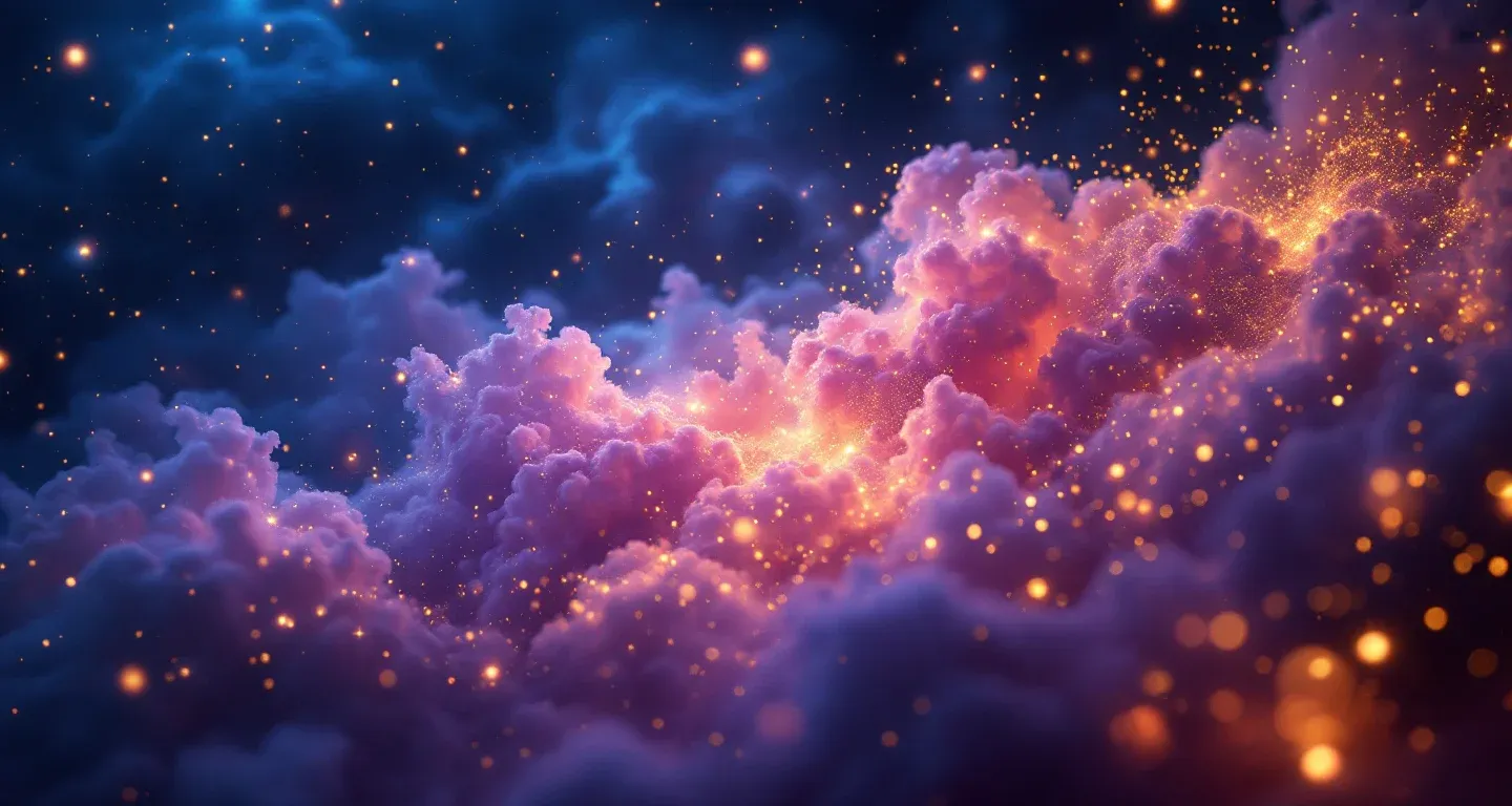Escena onírica atmosférica, con una nebulosa morado-magenta y estrellas doradas, que representa el símbolo de atrapar un ratón en un sueño.