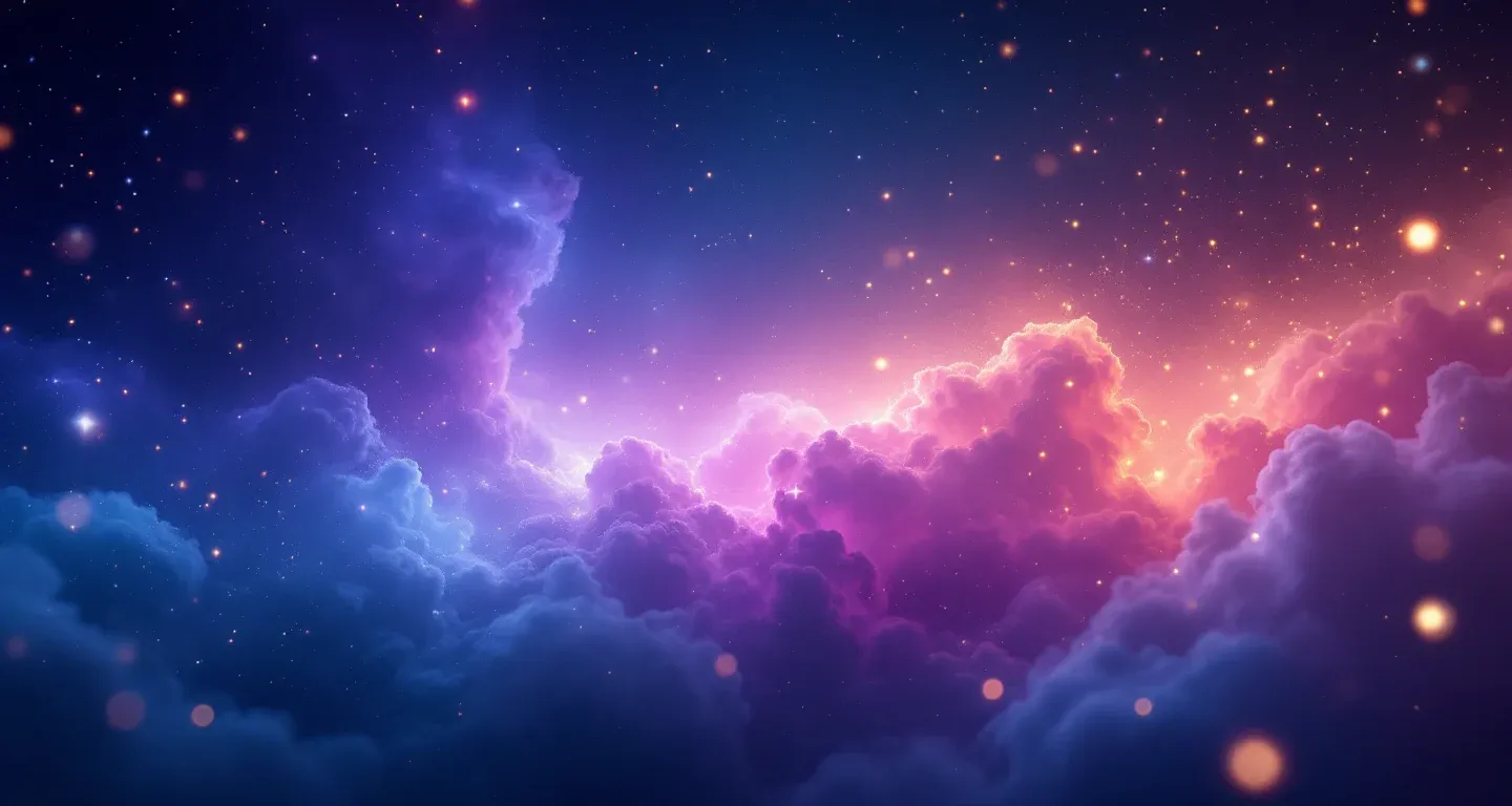 Escena onírica atmosférica con nebulosa morado-magenta y estrellas doradas que representa el símbolo de soñar con una tormenta.