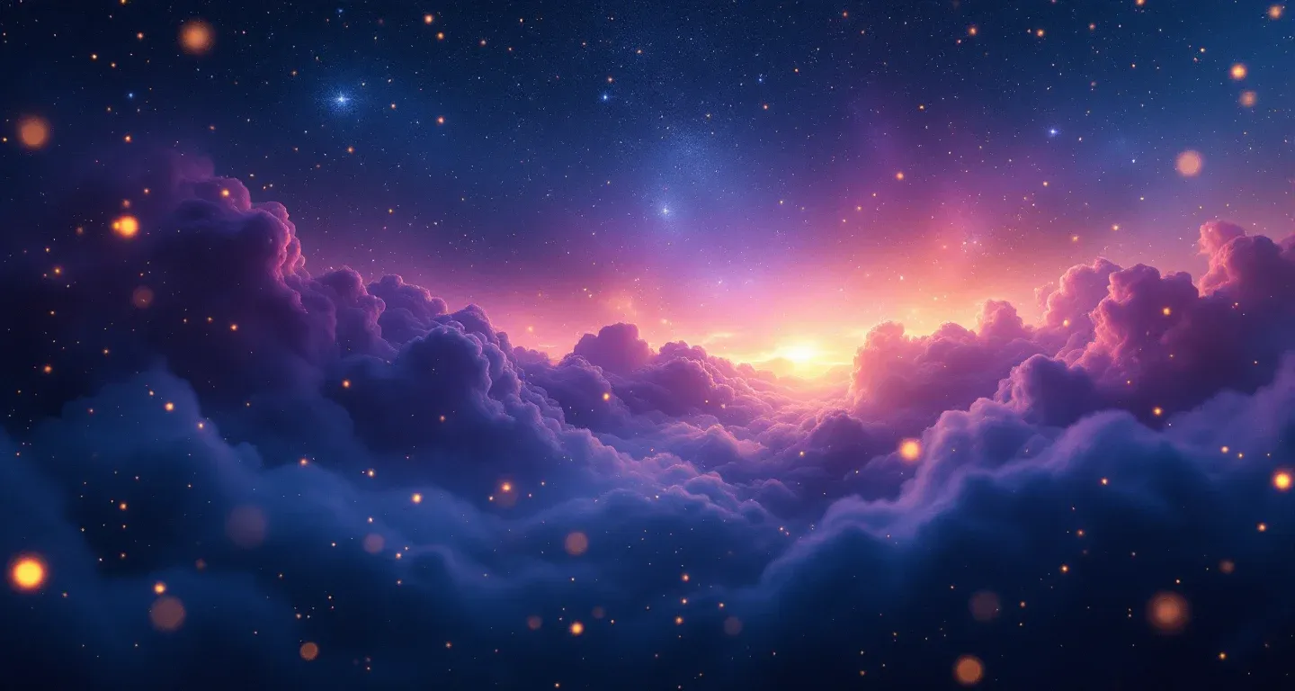 Escena onírica atmosférica con nebulosa morada-magenta y estrellas doradas que representa el símbolo de salvarse de ser atracado en un sueño.