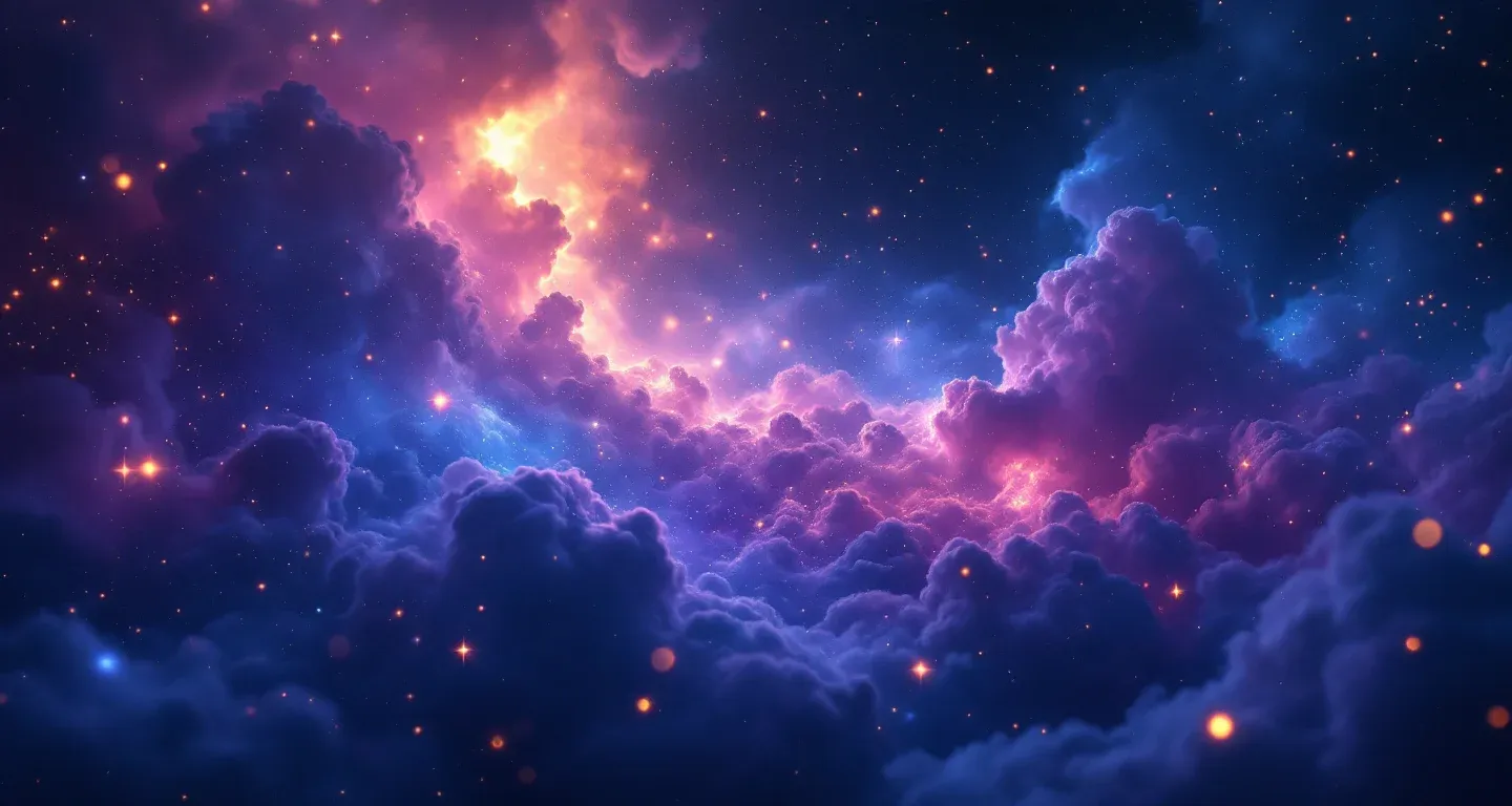 Escena onírica atmosférica con una nebulosa morado-magenta y estrellas doradas que representa el símbolo de ver vello en la zona genital en un sueño.