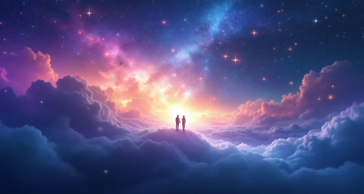 Escena onírica atmosférica formada por nebulosas morado-magenta y estrellas doradas que representa el símbolo de ver a tu ex en sueños cuando en realidad estás casado.
