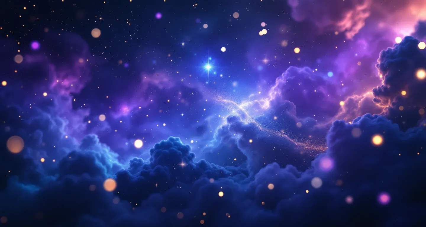 Atmosphärische Traumszene mit violett-magenta farbener Nebelwolke und goldenen Sternen, die das Symbol Im Traum vor einem Gorilla davonlaufen darstellt.