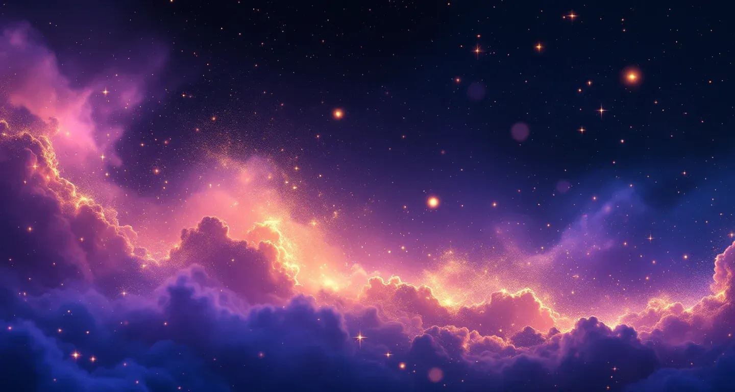 Escena onírica atmosférica que representa el símbolo de soñar con un gato gris, con nebulosas moradas y estrellas doradas.