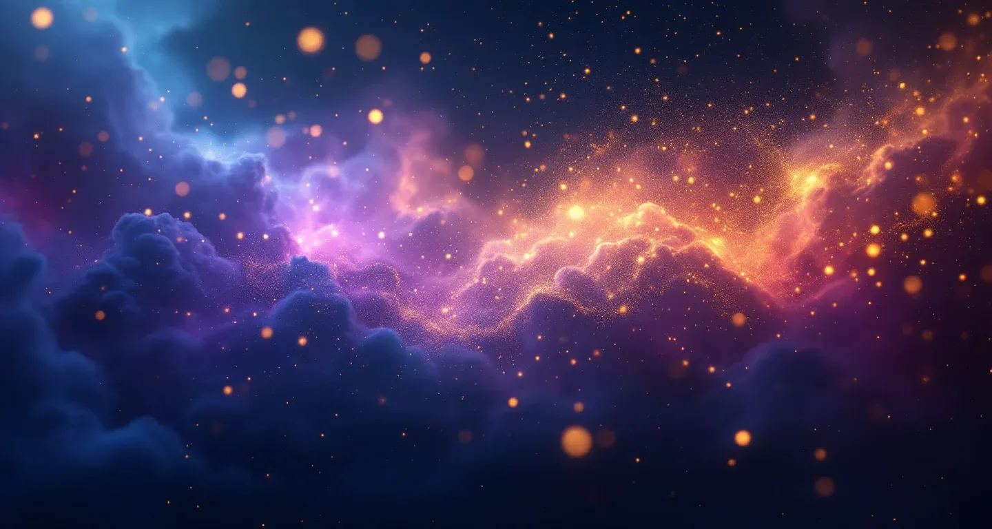 Escena onírica atmosférica con una nebulosa violeta-magenta y estrellas doradas, que representa el símbolo de soñar con una intención de día.