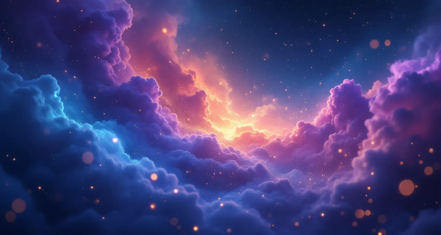Atmosphärische Traumszene aus violett-magenta Nebeln und goldenen Sternen, die das Symbol der Tante im Traum darstellen.