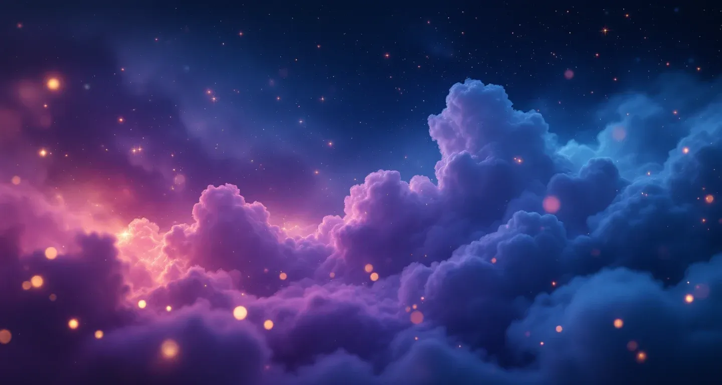 Escena onírica atmosférica con nebulosa morado magenta y estrellas doradas que representa el símbolo de ver bailar halay en sueños.