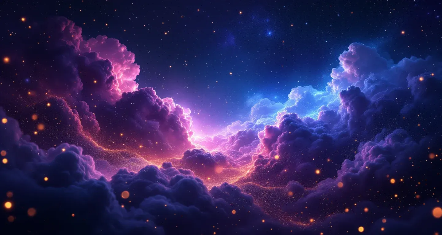 Escena onírica atmosférica con nebulosas morado-magenta y estrellas doradas, que representa el símbolo de lavar una alfombra en un sueño.