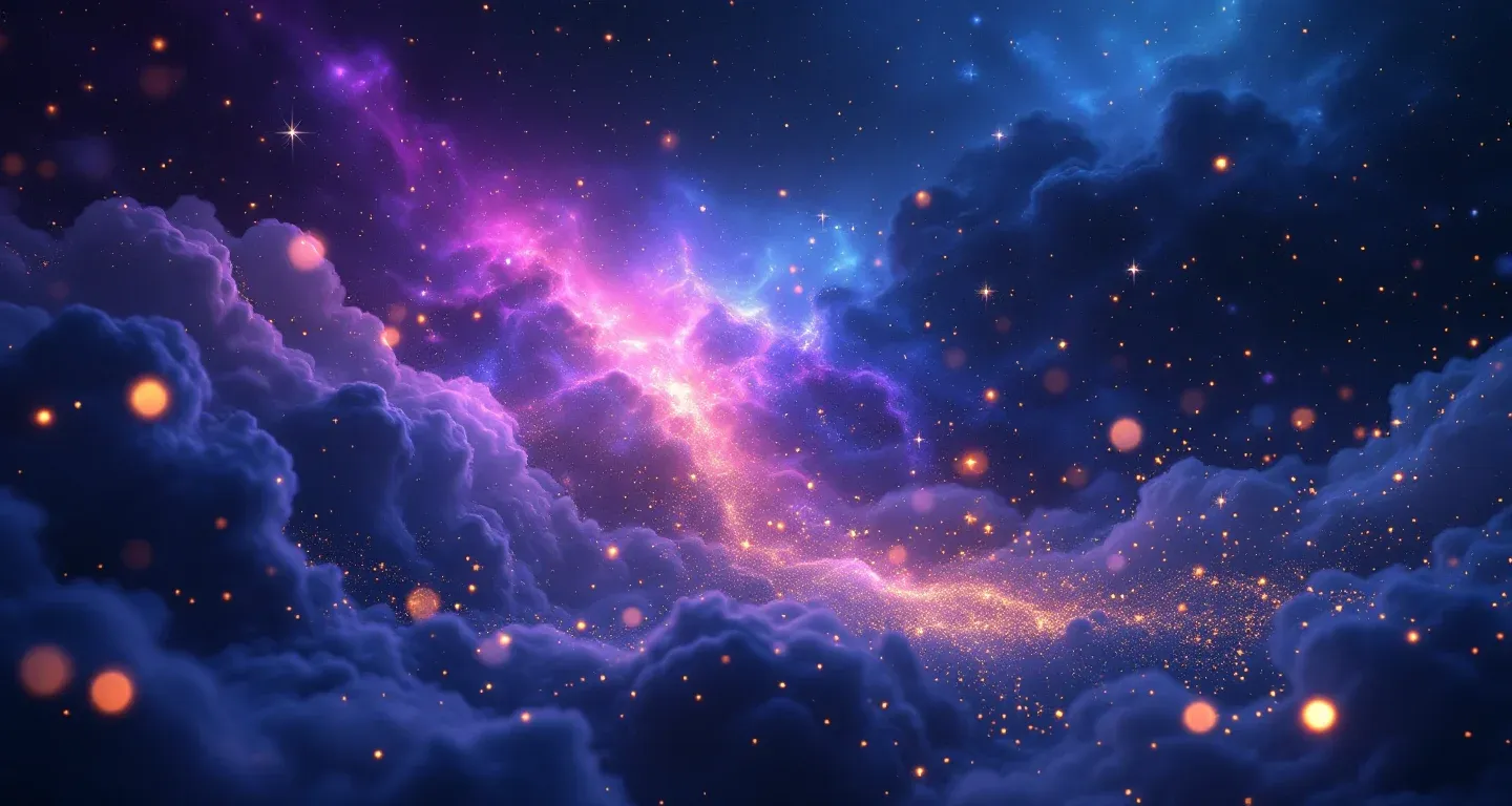 Escena onírica atmosférica con nebulosas moradas y magenta y estrellas doradas que representa el símbolo de soñar con una cucaracha.