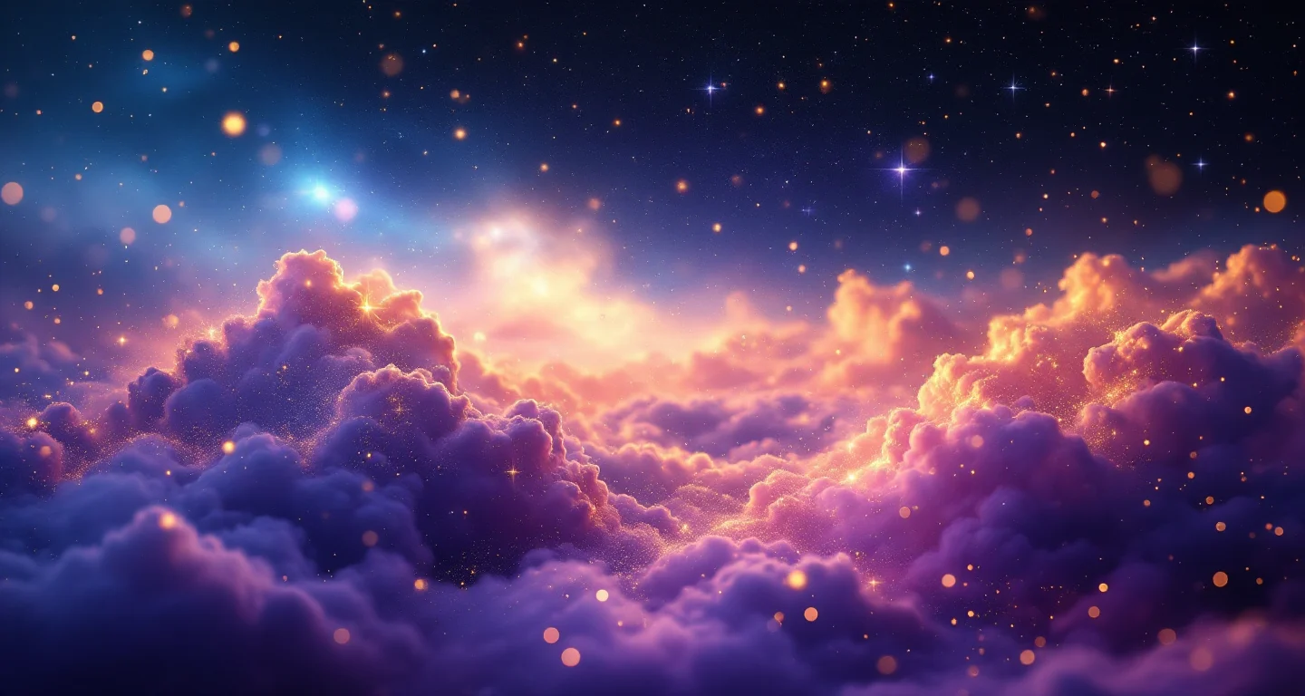 Rüyada Hamamda Kadın Görmek sembolünü temsil eden, mor-magenta bulutsu ve altın yıldızlardan oluşan atmosferik rüya sahnesi.