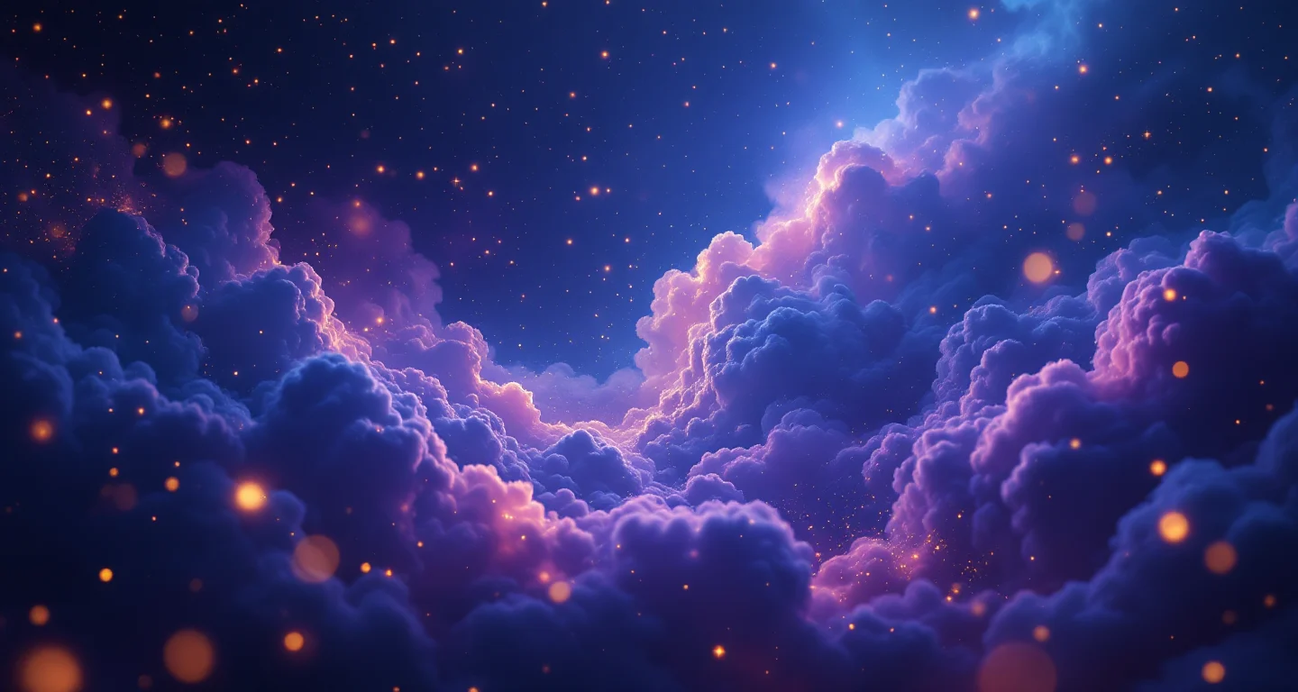 Rüyada Hamile Birinin Bebek Düşürdüğünü Görmek sembolünü temsil eden, mor-magenta bulutsu ve altın yıldızlardan oluşan atmosferik rüya sahnesi.